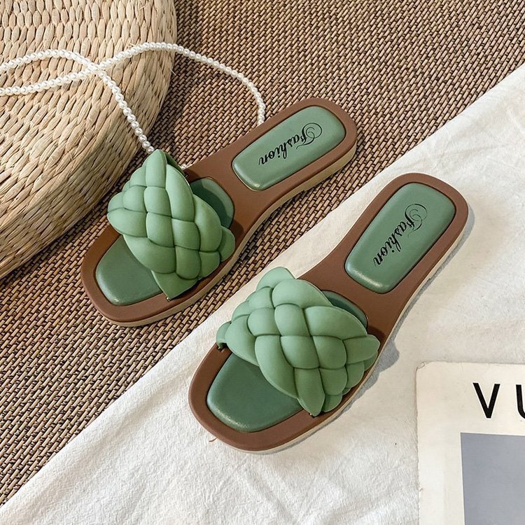 Slippers Women's Summer New Style Flat Square Toe Fake Woven Sandals Slippers Women's Summer New Style Flat S | Ectron Online