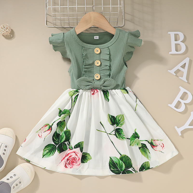 Toddler floral summer dress with green knit bodice, white skirt with pink rose and green leaf print