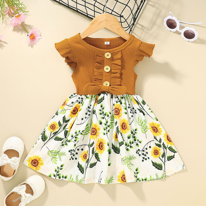 Toddler sunflower print summer dress with mustard knit top and white twirl skirt