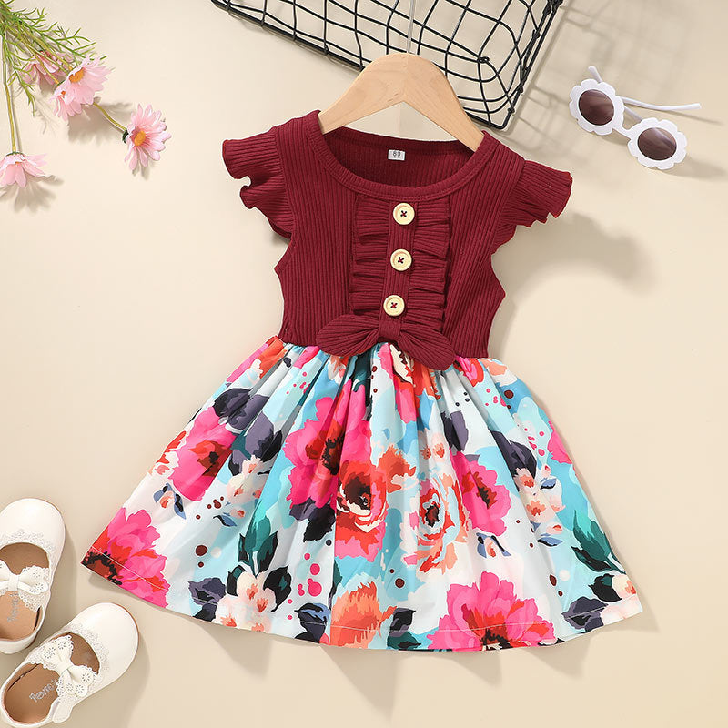 Toddler floral summer dress with burgundy knit bodice, white skirt with colorful rose and petal print