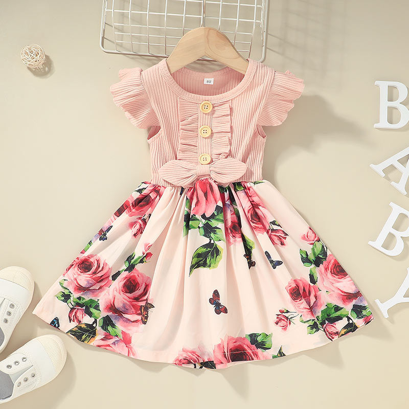 Toddler floral summer dress with pink knit bodice, white skirt with pink roses and green foliage