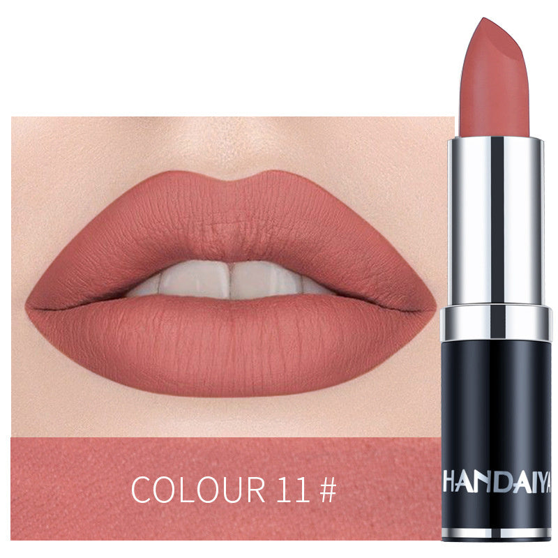 Moisturizing lipstick in muted pink, shade 11, with silver-and-black tube