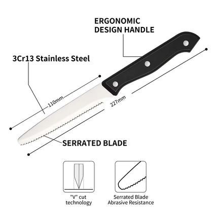 Ergonomic serrated steak knife with black handle and white blade; dimensions diagram