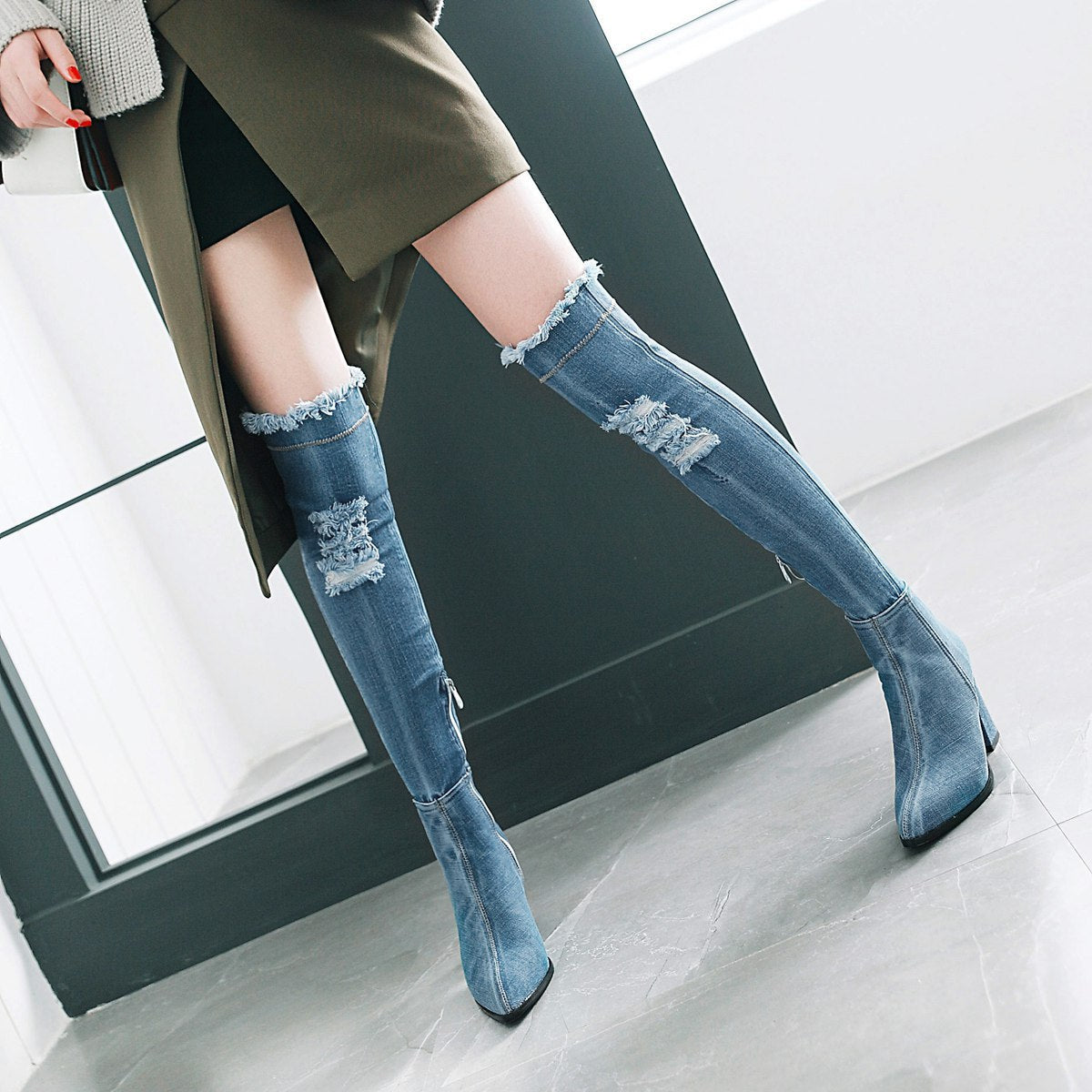 Denim pointed toe women's boots