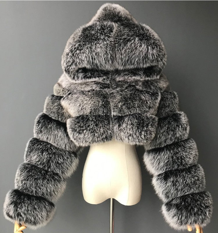 Women's Short Hooded Faux Fur Coat | Trendy Long Sleeve Plush Jacket Short hooded faux fur long sleeve coat | Ectron Online