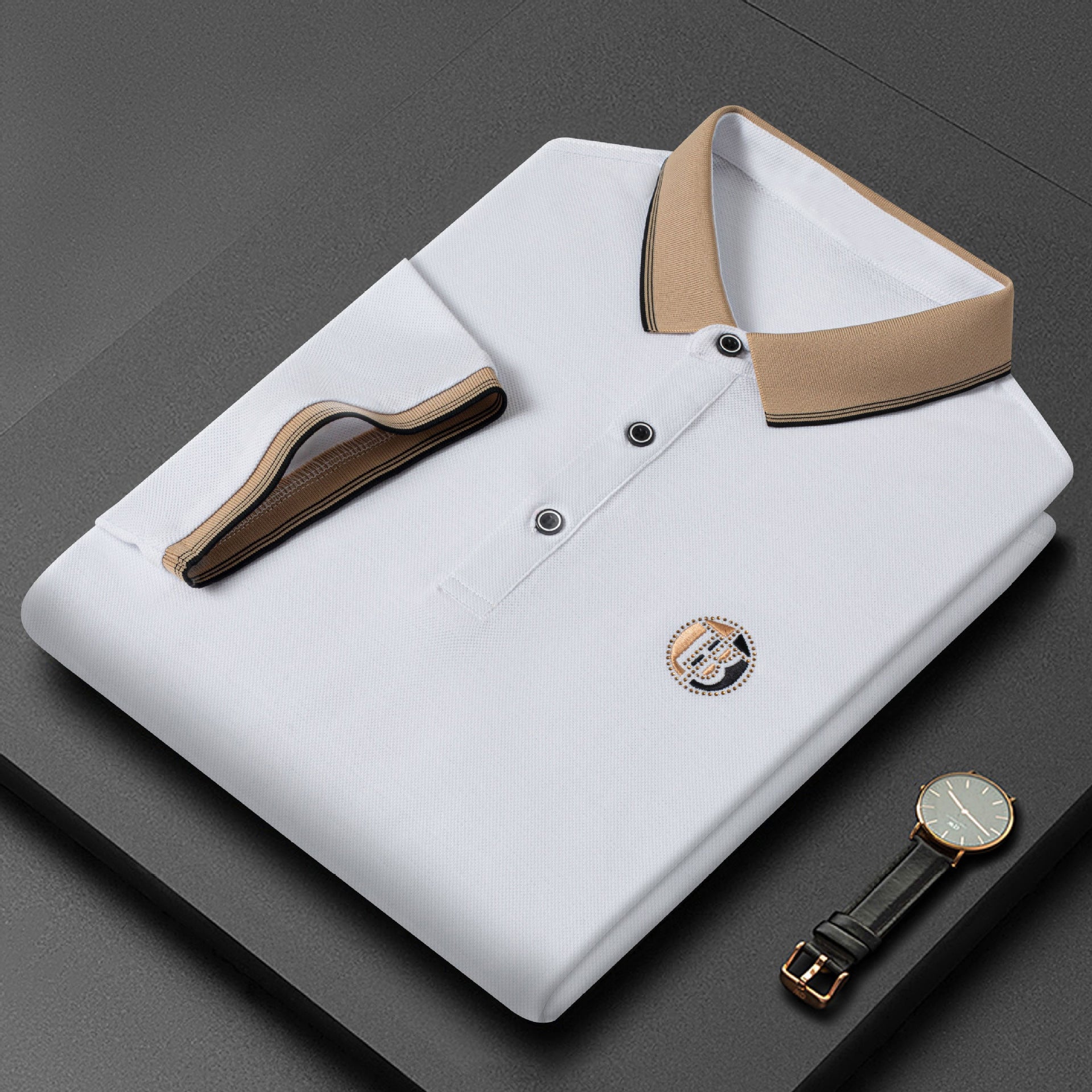 Piqué Lapel T-Shirt – Rhinestone Embroidered Casual Short Sleeve Pique Lapel T-shirt Embroidered Rhinesto | Ectron Online