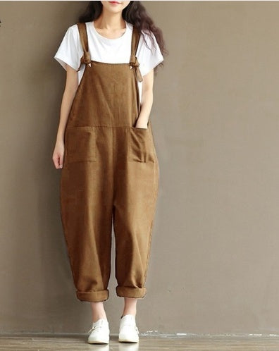 Women's Casual Trousers with Brushed Cotton Suspenders Wide Leg Pants | Ectron Online