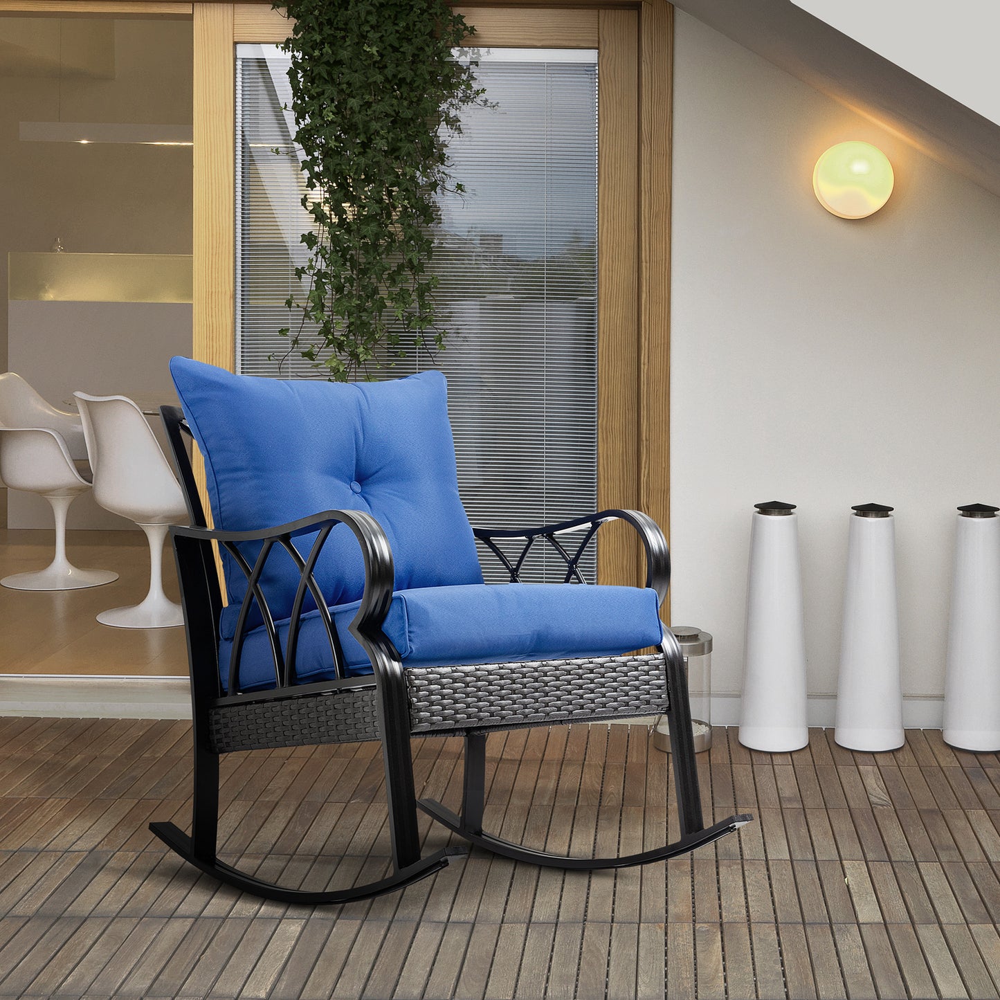 Outdoor Wicker Rocking Chair with Blue Cushions - Aluminum Rocker
