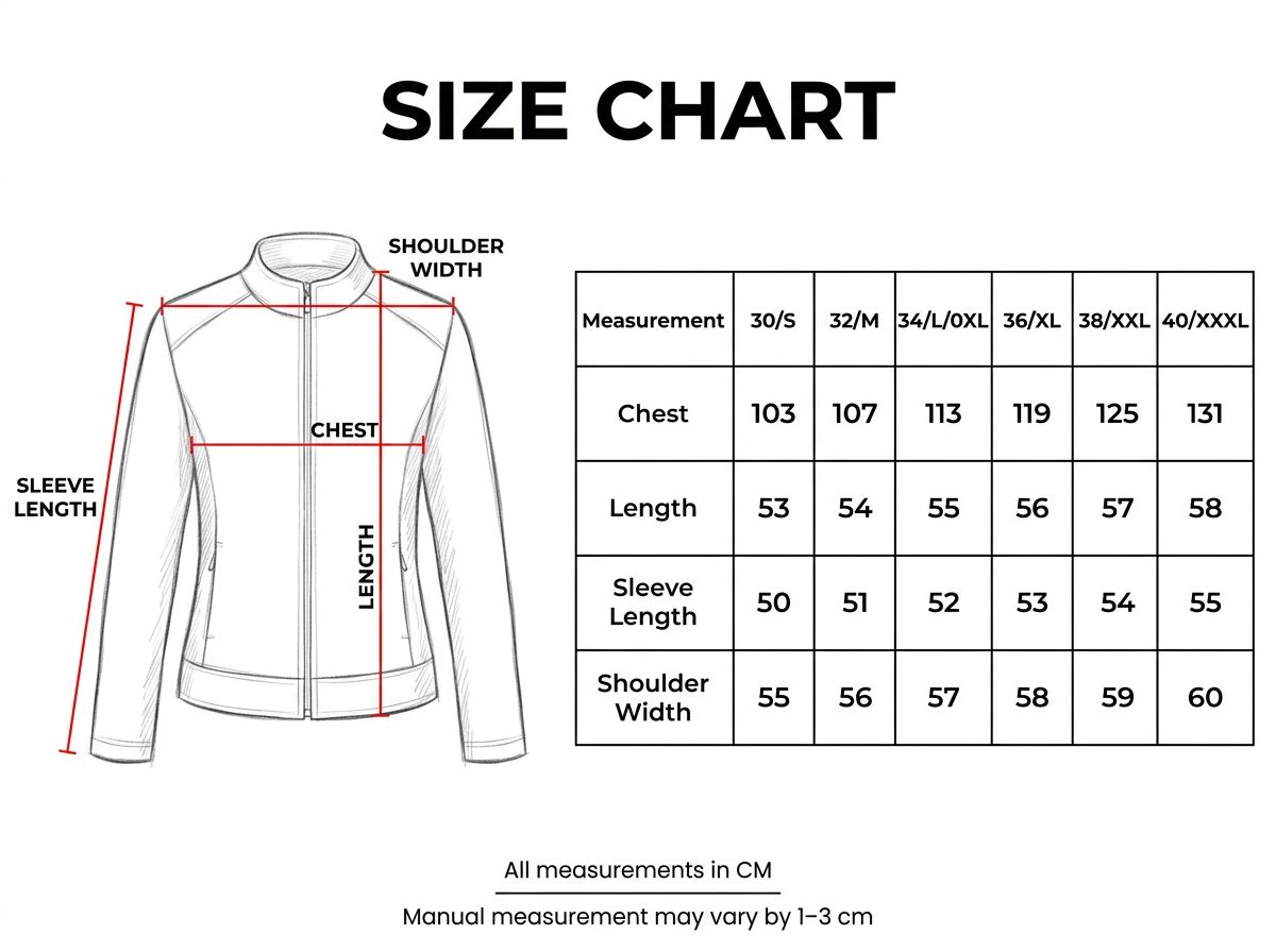 Denim jacket size chart graphic with shoulder width, chest, length, and sleeve length