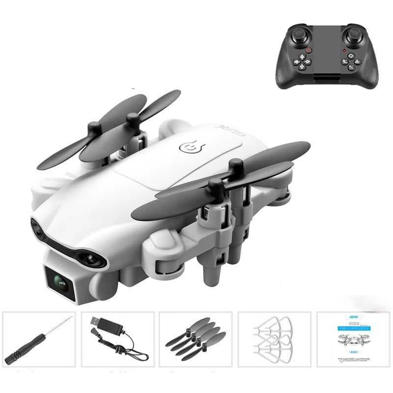 Mini white drone side view with propellers and front camera lens