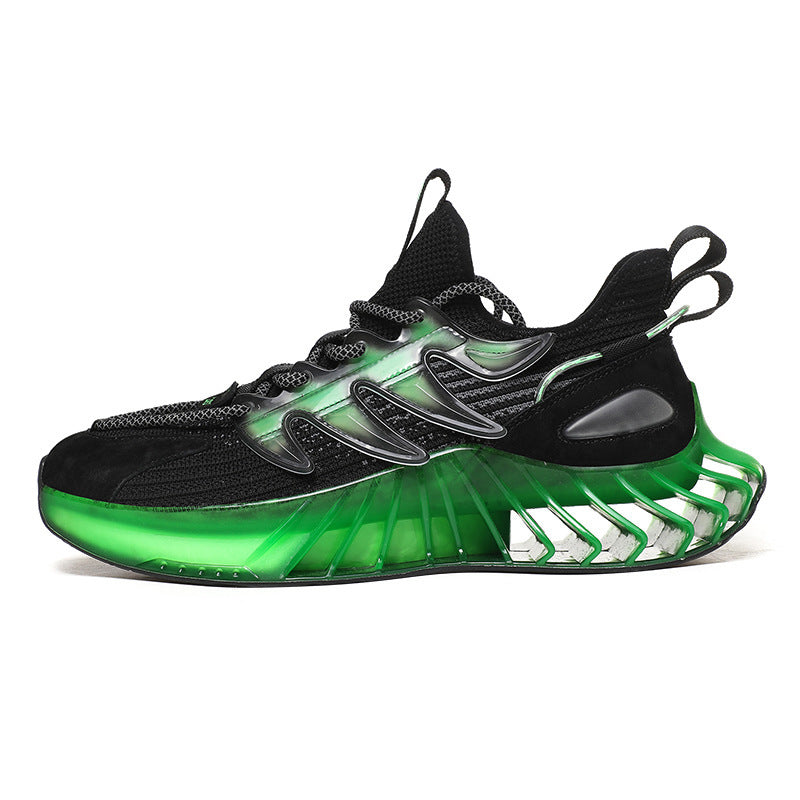 Non-slip sneaker with black upper and neon green translucent outsole, laces glowing