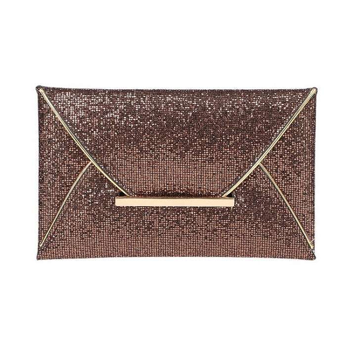 Champagne-pink sequin clutch with gold-tone fold-over flap and bar clasp