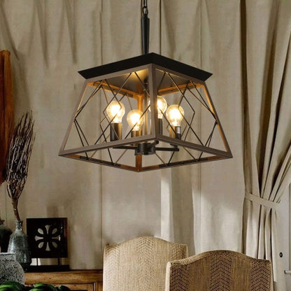 Black geometric cage 4-light chandelier with four exposed bulbs and central socket