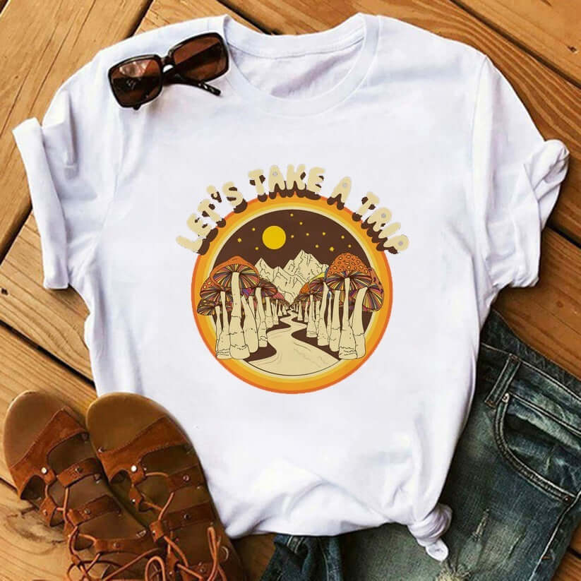 90's Funny Mushroom Print T-shirt Casual Round Neck Short Sleeves Printed Pullover Women T-shirt with a whimsical design.
