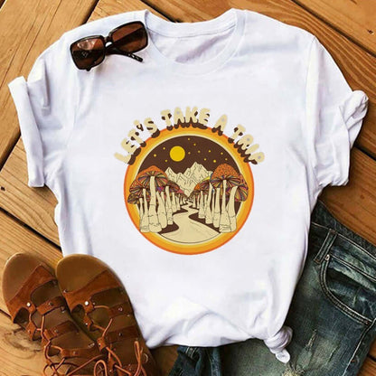 90's Funny Mushroom Print T-shirt Casual Round Neck Short Sleeves Printed Pullover Women T-shirt with a whimsical design.