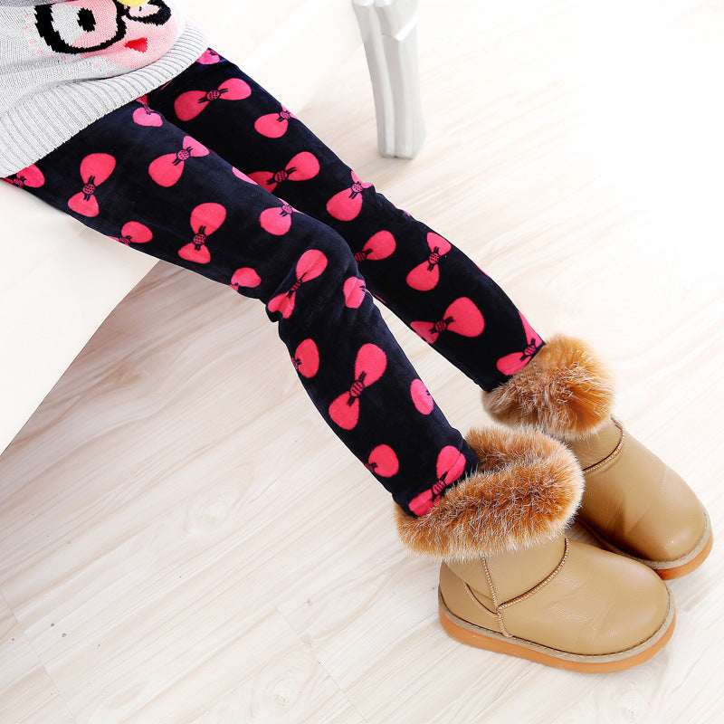 Girls warm leggings, black with pink heart pattern, knitted ankle cuffs