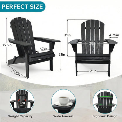 Black folding Adirondack lounge chair with slatted back, wide arms, and seat, size illustration.