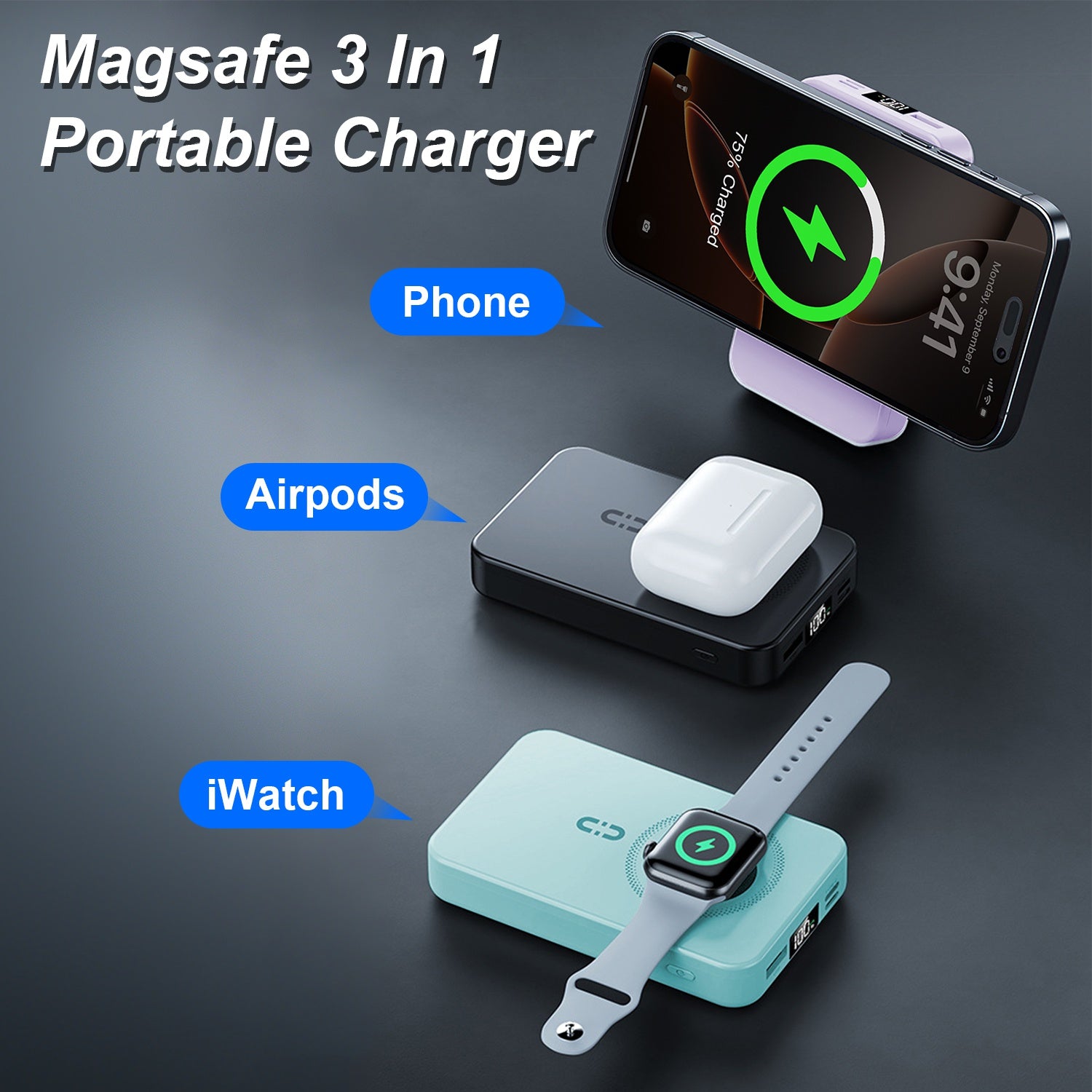 3-in-1 MagSafe Power Bank 10000mAh | PD20W Fast Charger with Stand