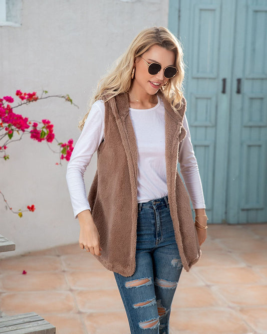 Mid-length Solid Color Hooded Vest Plush Skirt For Women
