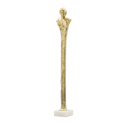 Gold Roman statue decor with white marble base, angled front view
