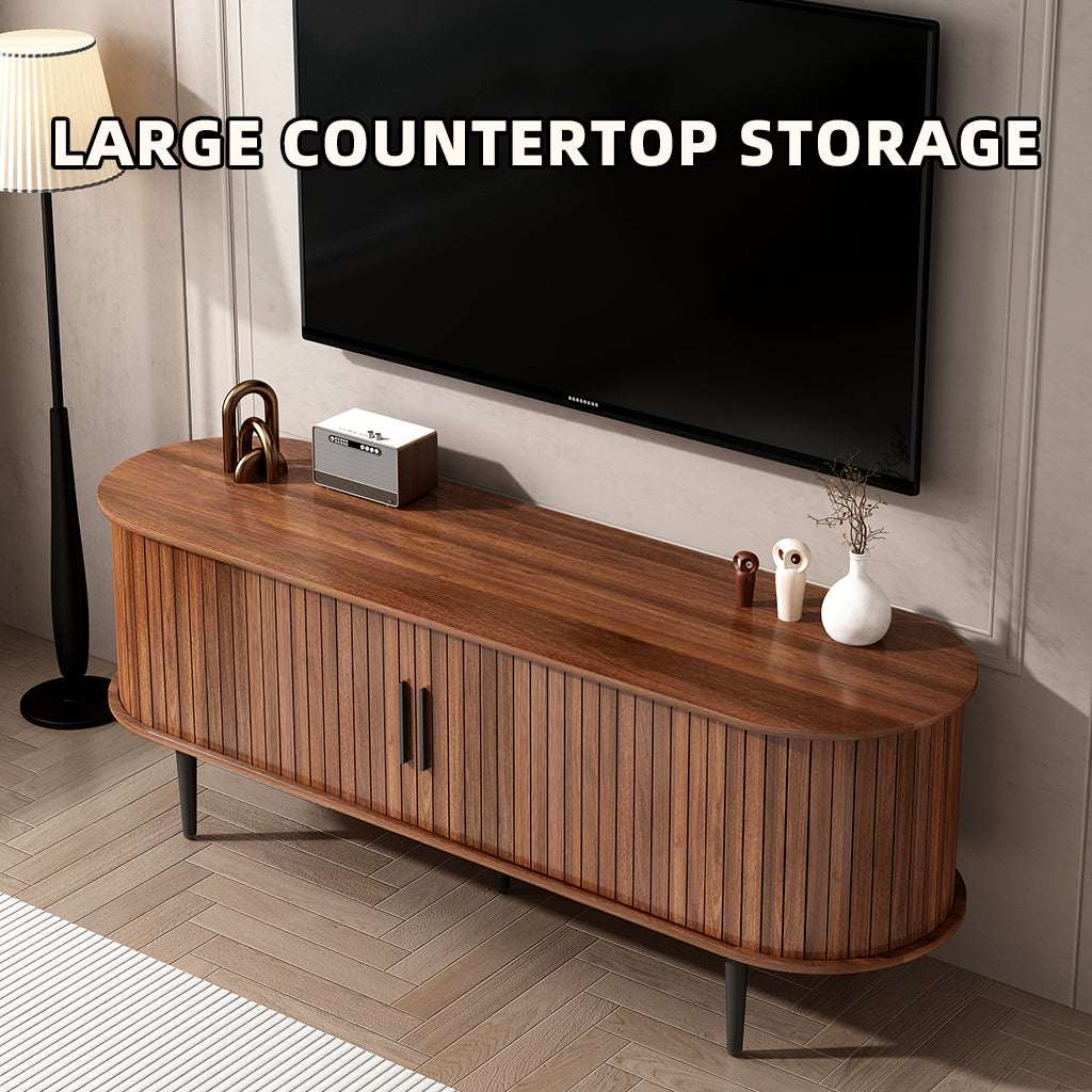 Walnut TV stand with sliding door and long countertop, curved base and black legs