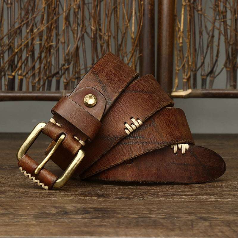 Handmade Retro Leather Belt - First Layer Cowhide & Copper Buckle Handmade Retro First Layer Cow Leather B | Ectron Online
