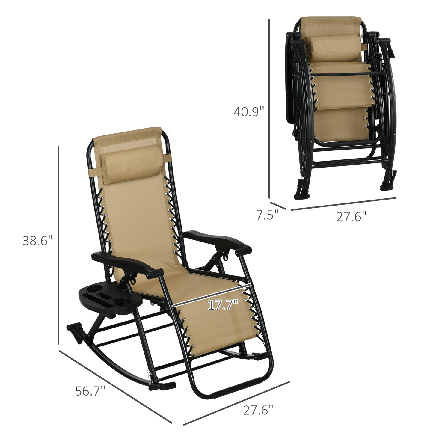 Set of 2 Foldable Zero Gravity Rocking Chairs with Pillow & Holder