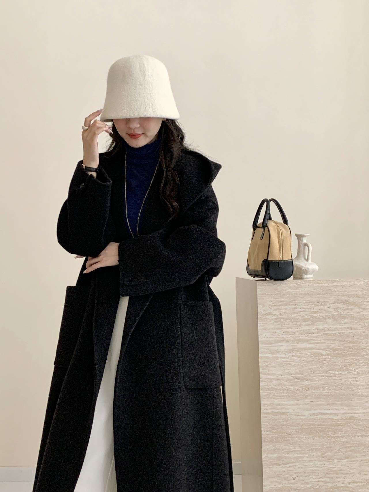 Women's Hooded Solid Color Double-Sided Wool Overcoat Solid Color Hooded Double-sided Wool Ove | Ectron Online