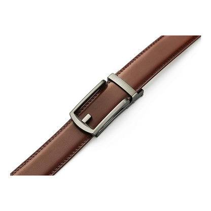 Brown leather boys belt with silver buckle and snap closure, close-up.
