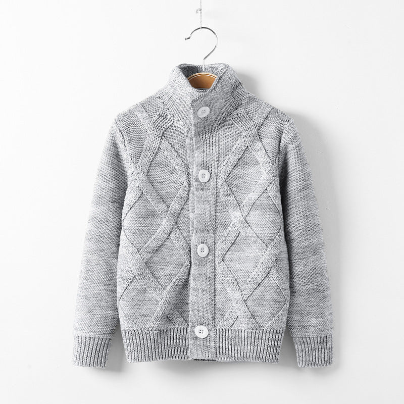 Heather grey knitted kids sweater coat with button-front and cable diamond texture