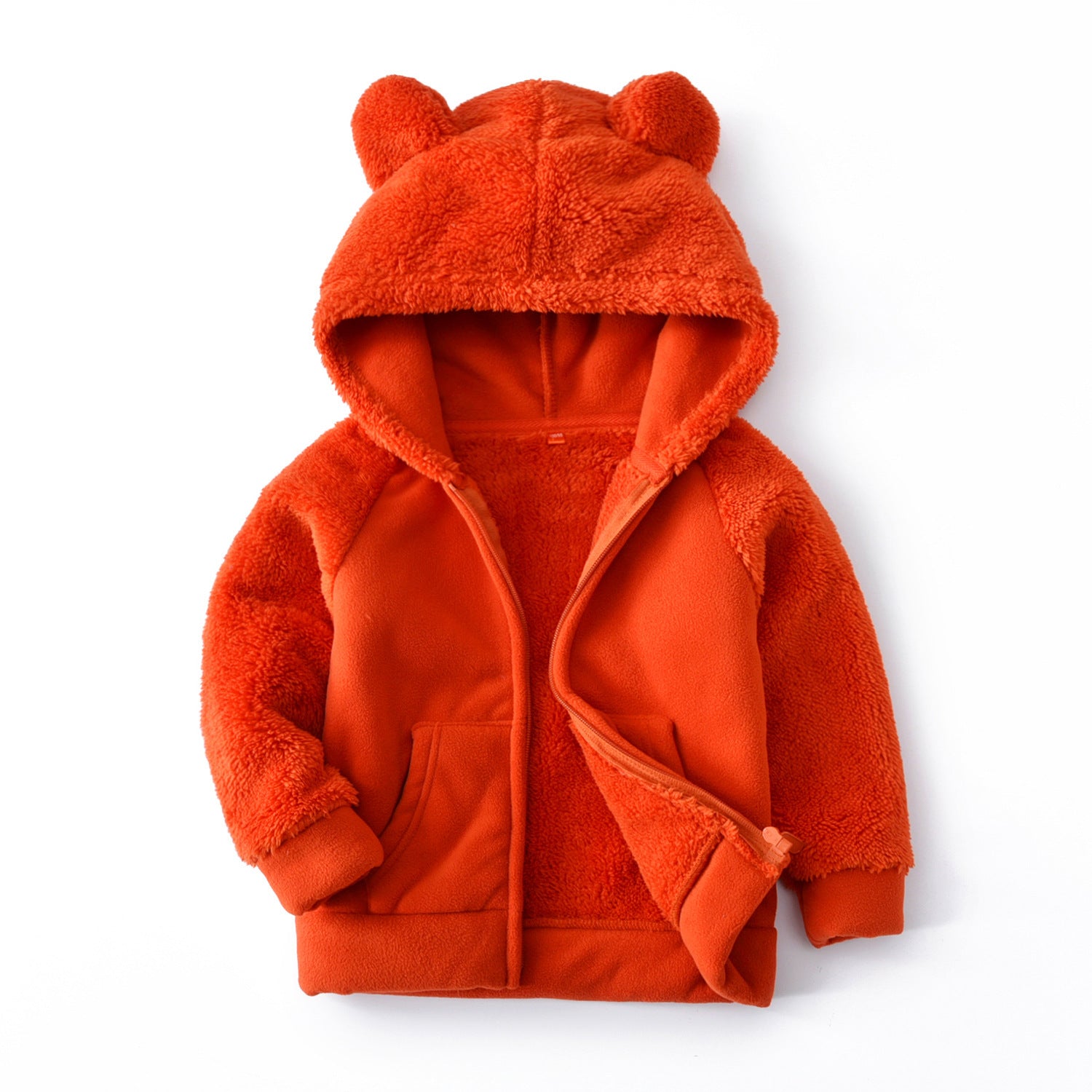 Orange hooded zip-up fleece jacket for girls with teddy-bear ear hood