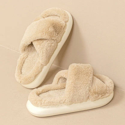 Women's Platform Fuzzy Home Slippers Winter Open Toe Criss-cross Solid Color Casual Floor Slides Indoor Flat Comfy House Shoes