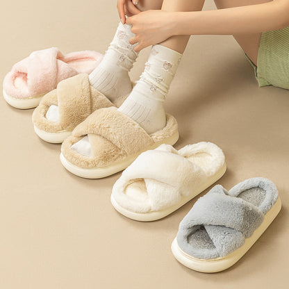 Women's Platform Fuzzy Home Slippers Winter Open Toe Criss-cross Solid Color Casual Floor Slides Indoor Flat Comfy House Shoes