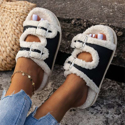 Autumn Winter Buckle Lamb Wool Slippers – Women’s Thick Sole Autumn Winter Slipper Thick Sole Buckle | Ectron Online