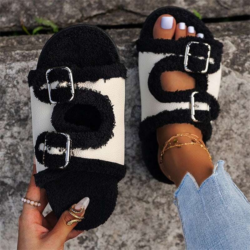 Autumn Winter Buckle Lamb Wool Slippers – Women’s Thick Sole Autumn Winter Slipper Thick Sole Buckle | Ectron Online