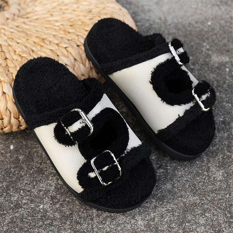 Autumn Winter Buckle Lamb Wool Slippers – Women’s Thick Sole Autumn Winter Slipper Thick Sole Buckle | Ectron Online