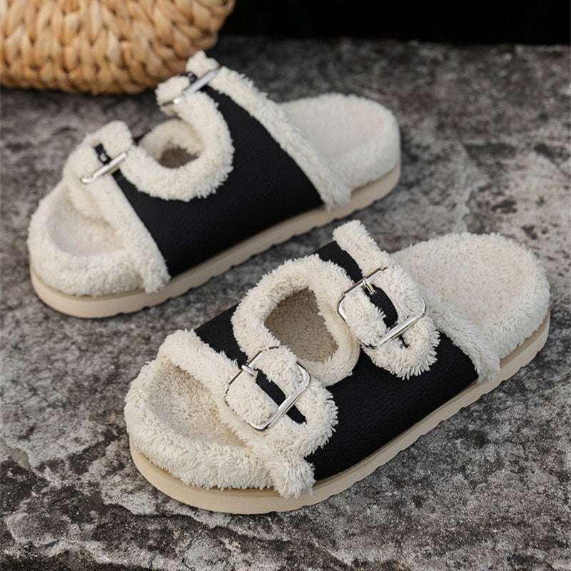 Autumn Winter Buckle Lamb Wool Slippers – Women’s Thick Sole Autumn Winter Slipper Thick Sole Buckle | Ectron Online