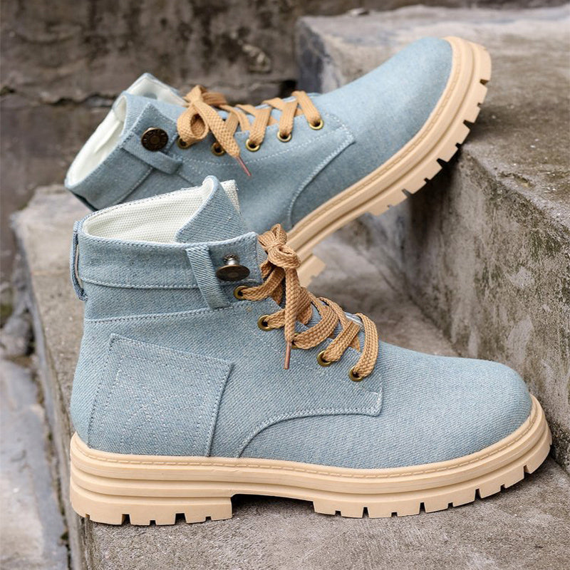 Lace-up Denim Ankle Boots Women Fashion Platform Cowboy Boots Casual Fashion Autumn Winter Round Toe Shoes