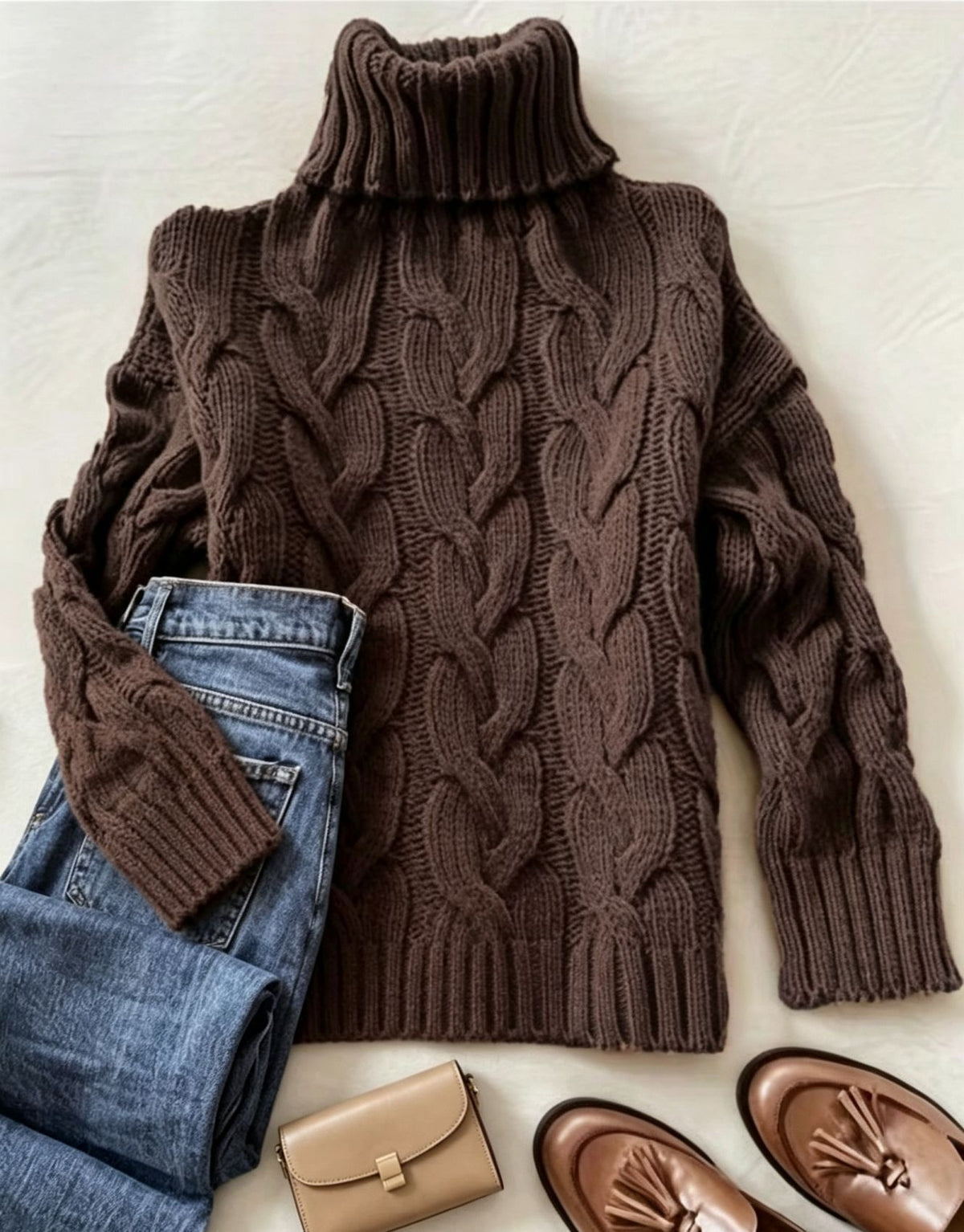 Dark brown cable-knit turtleneck long-sleeve sweater with ribbed collar and cuffs.