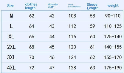 Table displaying clothing size chart with measurements in centimeters