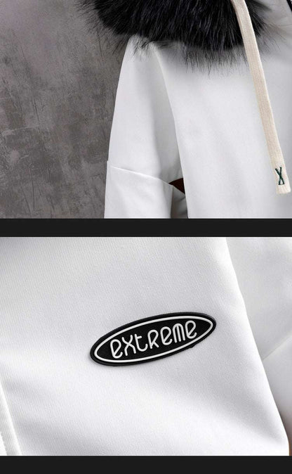 White hoodie with 'EXTREME' patch on a gray background