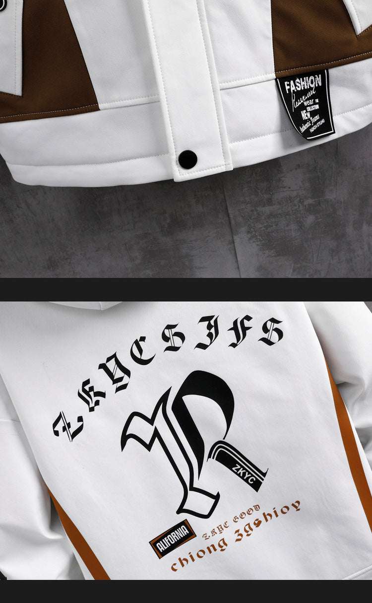 White jacket with brown accents and a logo on a gray background