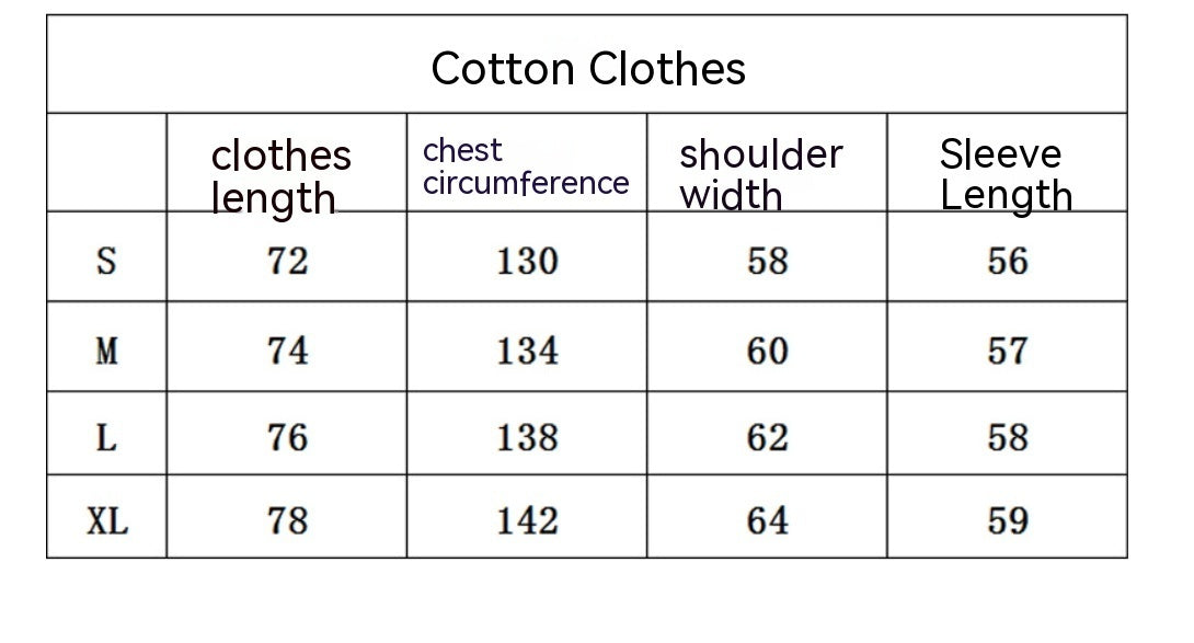 Table of cotton clothes measurements including length, chest circumference, shoulder width, and sleeve length.