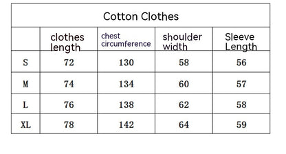 Table of cotton clothes measurements including length, chest circumference, shoulder width, and sleeve length.