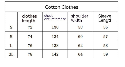 Table of cotton clothes measurements including length, chest circumference, shoulder width, and sleeve length.