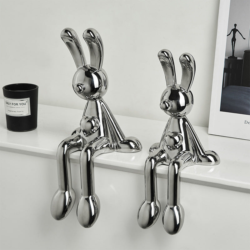 Silver sitting rabbit decor figurine set, two reflective rabbits with tall ears
