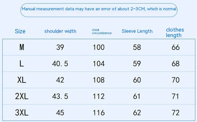 Table displaying clothing size chart with measurements for shoulder width, chest circumference, sleeve length, and clothes length.