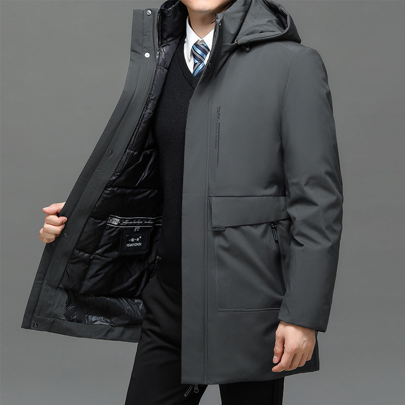 Black hooded cotton coat with detachable inner liner, front three-quarter view
