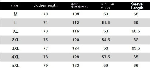 Table showing size chart for clothes with measurements including length, chest circumference, shoulder width, and sleeve length.
