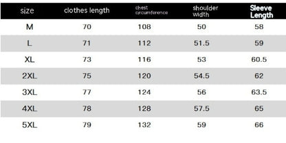 Table showing size chart for clothes with measurements including length, chest circumference, shoulder width, and sleeve length.